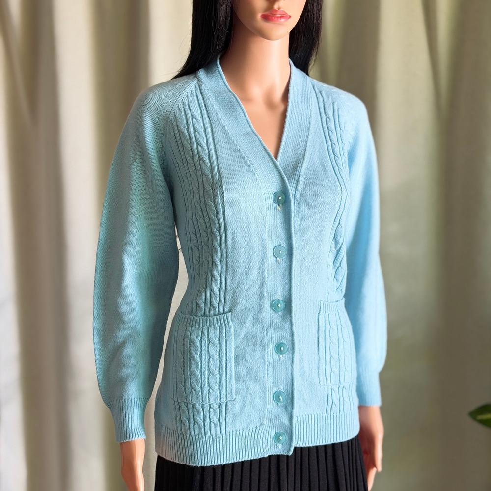 Vtg 70s Macys Light Blue Cable Knit Cardigan Sweater V-Neck Button Front S Retro